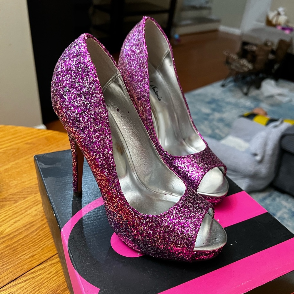 M by Michael Antonio Pink Glitter Peep-Toe Heels